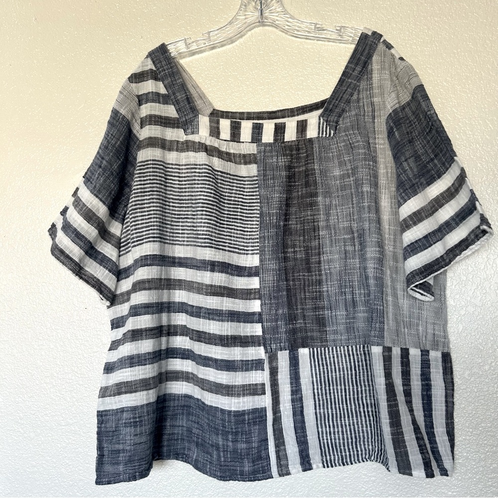 J. Jill Black & White Patchwork Striped Square-Neck Blouse